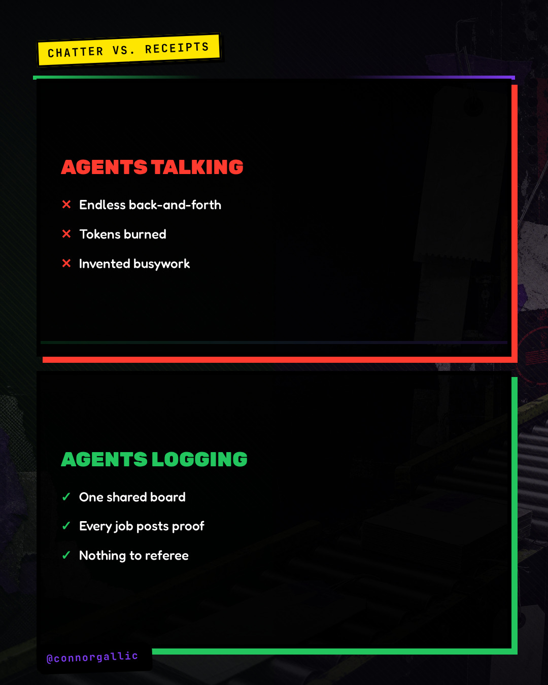 A comparison contrasts agents talking endlessly with agents logging proof to one board.