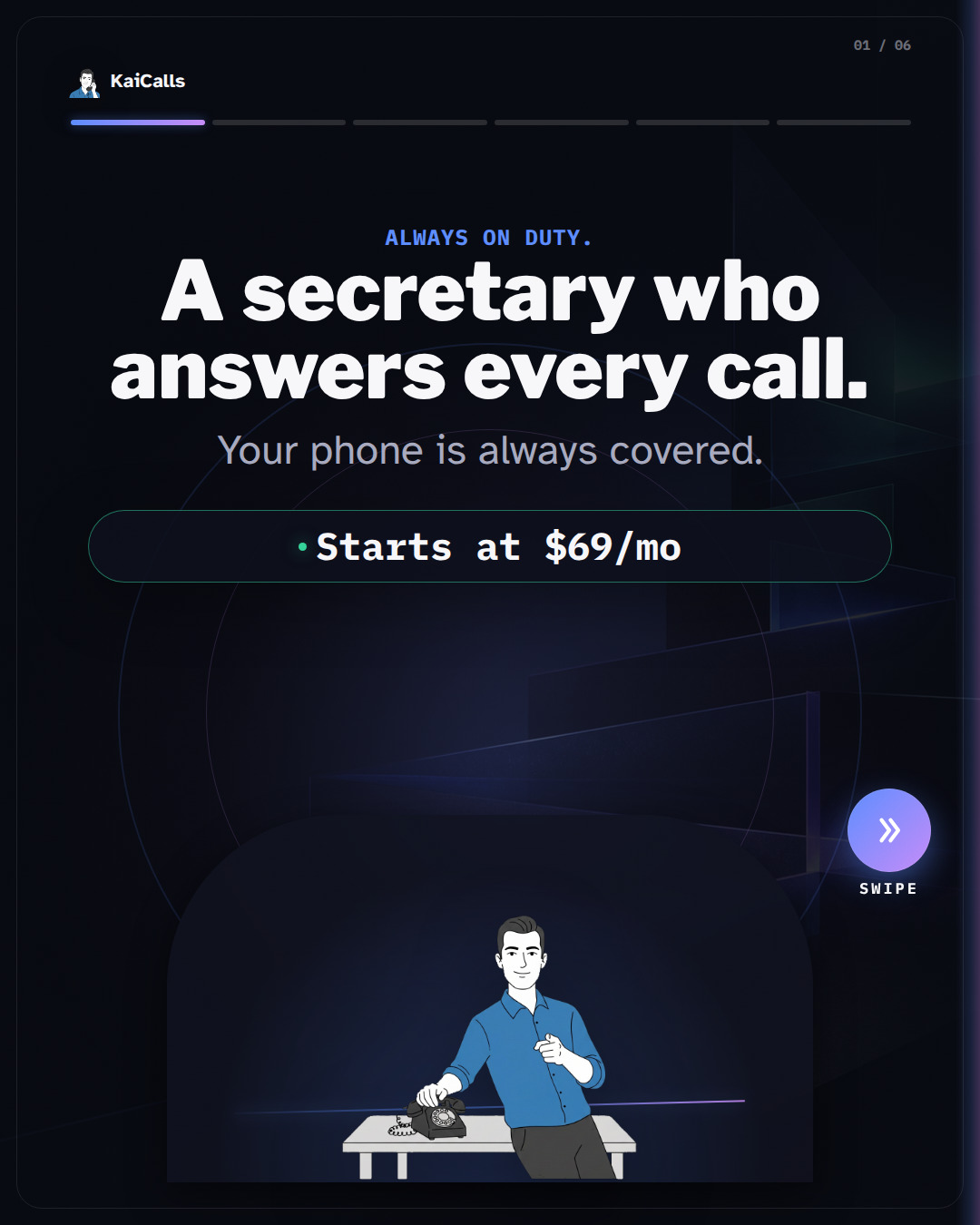 Kai the mascot stands by a phone.